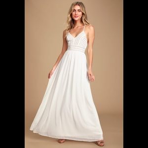 Lulu’s Meet Me in Madrid White Beaded Maxi Dress